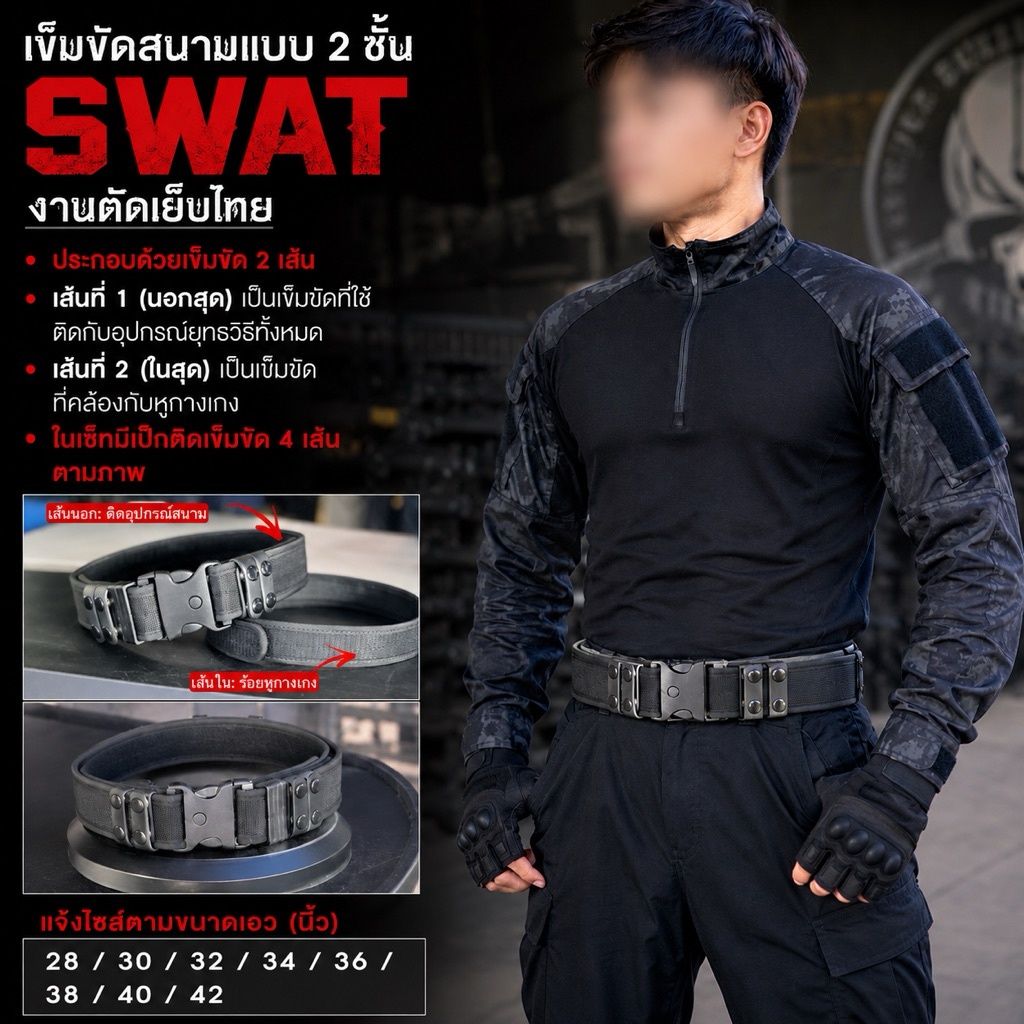 เข็มขัดสนามแบบ 2 ชั้น รองในมีตุ๊กแกติดทั้งเส้นสำหรับคนที่ไม่ชอบใส่นวม