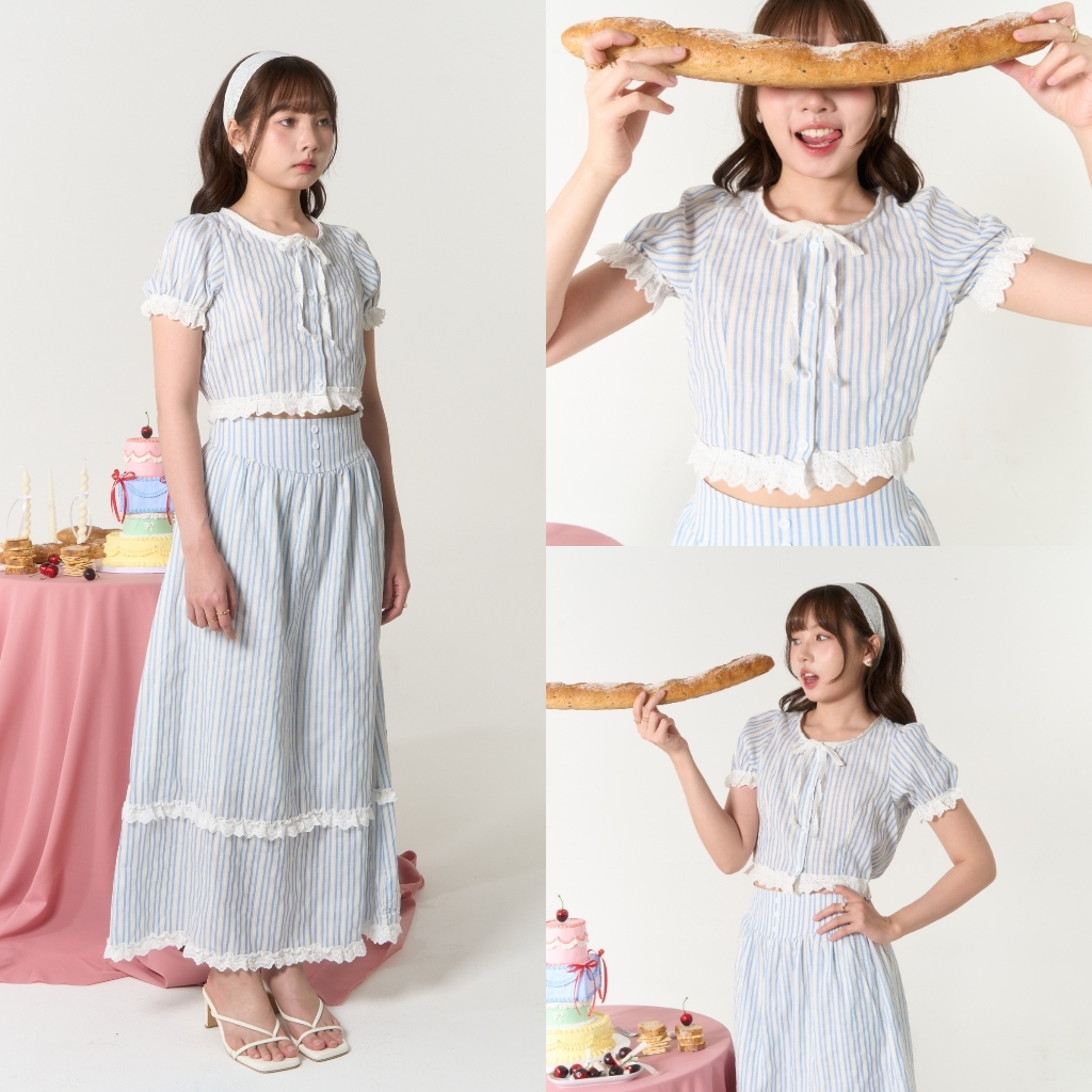 (S-3XL)  CHAWY Sugar stripe set 🌷✨ C4099 ชุดเข้าเซ็ท ขายแยกชิ้น ชุดเดรสน่ารักๆ