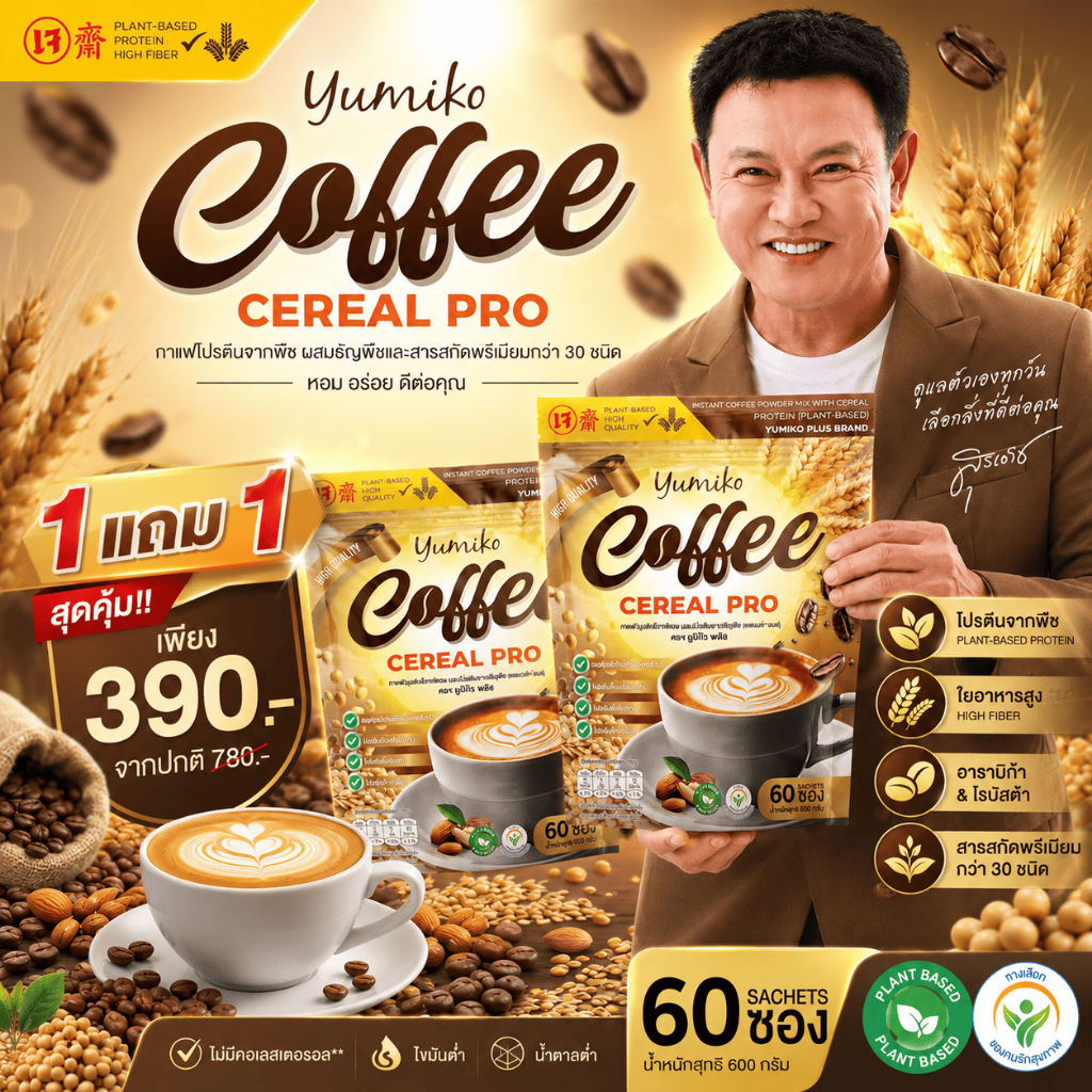 Yumiko Coffee Cereal Pro กาแฟจากพืช กาแฟธัญพืช Plant Based High Fiber 60 ซอง 600 กรัม กาแฟผสมโปรตีนและใยอาหาร เจ