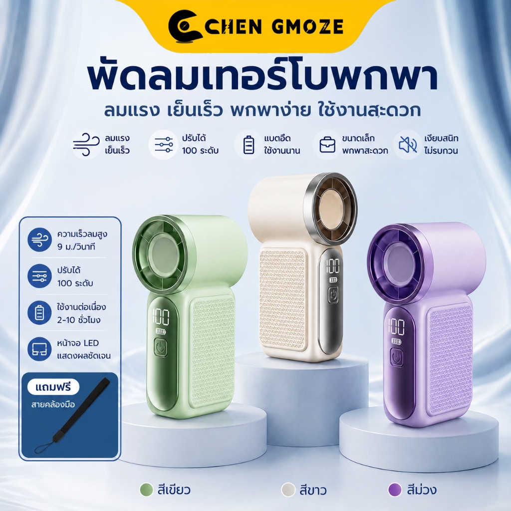 【COD】CHEN GMOZE พัดลมพกพา พัดลมขนาดเล็ก พัดลมขนาแบบพกพา 5000mAh ใช้งาน 20ชม ลมแรง เงียบ พัดลมมือถือ