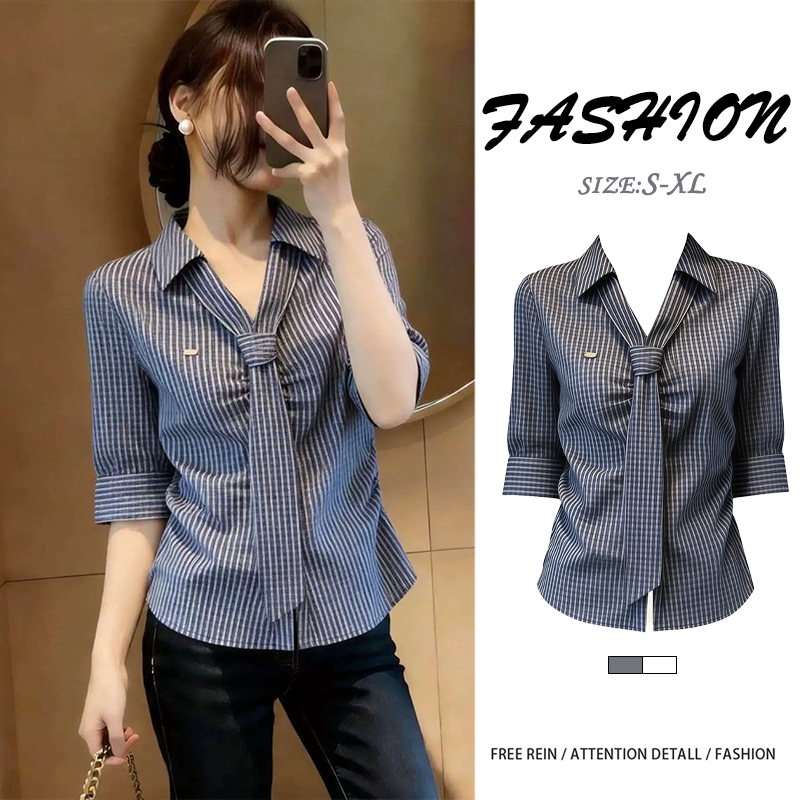 w734เสื้อเชิ้ตสตรีลายทางสีน้ำเงิน คอปก ผูกโบว์ มีสินค้าพร้อมส่งในประเทศไทย เหมาะใส่ฤดูร้อน มีไซซ์ใหญ่ สไตล์หวานน่ารัก
