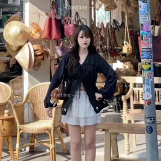 เสื้อคลุมแขนยาว ผูกโบว์หน้า เสื้อเบลาส์คอวี ผ้าแคนดี้อัดย่น สีขาวครีม สีดำ เนื้อผ้าไม่ต้องรีด ปักดีเทลดอกไม้น่ารัก (V91)