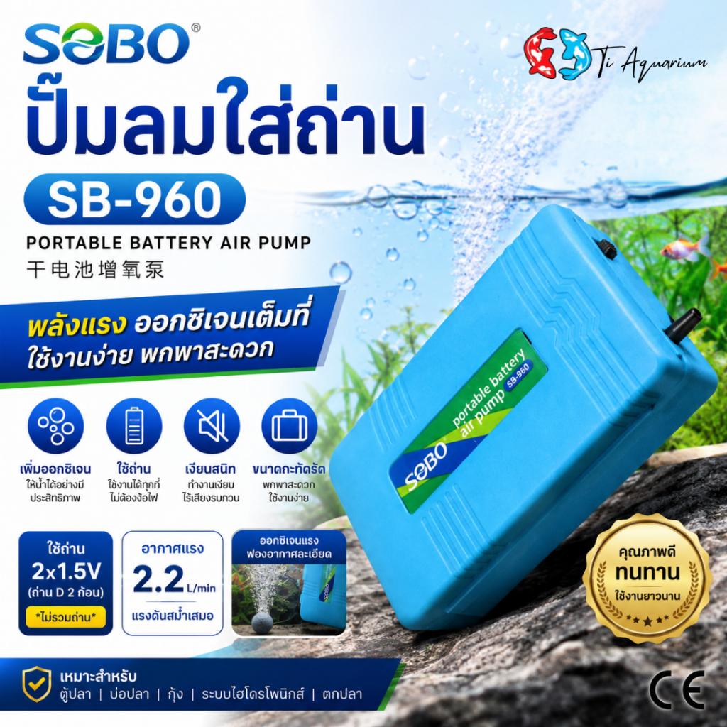 SOBO SB 960 ปั๊มลมใส่ถ่าน ปั๊มอ๊อกซิเจน ปั๊มลมพกพาสะดวกต่อการใช้งาน