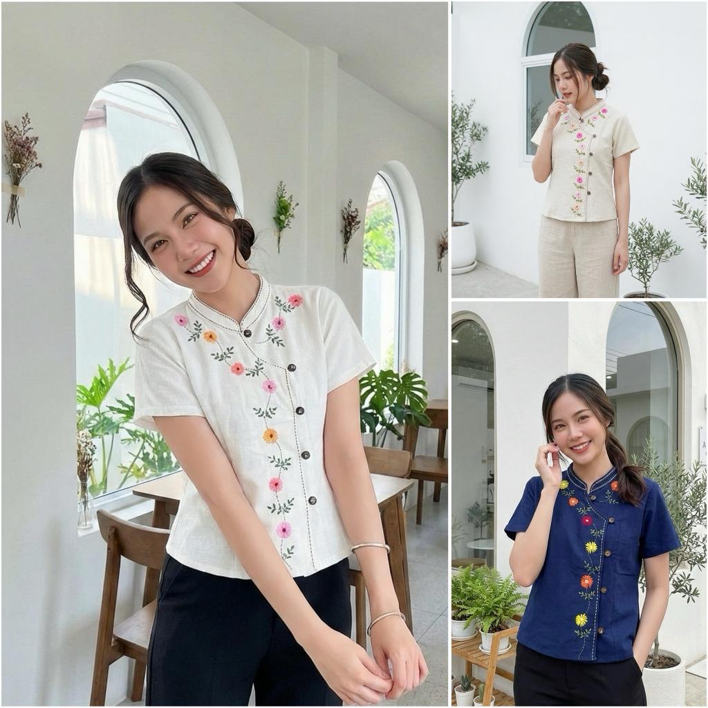 เสื้อผ้าฝ้ายผู้หญิง ทรงป้ายปักดอกเดซี่ งานปักมือ Handmade