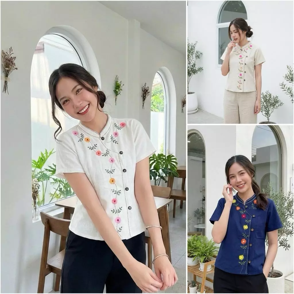 เสื้อผ้าฝ้ายผู้หญิง ทรงป้ายปักดอกเดซี่ งานปักมือ Handmade