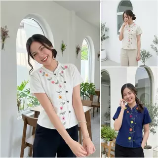 เสื้อผ้าฝ้ายผู้หญิง ทรงป้ายปักดอกเดซี่ งานปักมือ Handmade