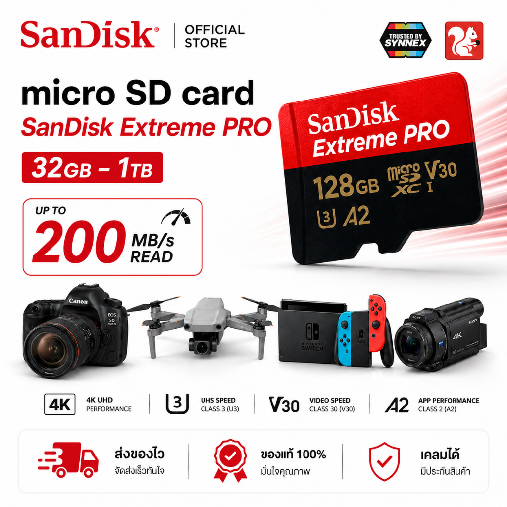 (ส่งด่วนกทม.) Sandisk เมมโมรี่ การ์ด MicroSDXC Extreme Pro 64GB U3 V30 A2 R200/W90 SDSQXCU-064G-GN6MA (ประกันศูนย์)