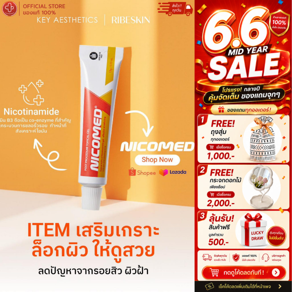 Bruderm | ICOMED เจลลดรอยจากสิวผิวแห้ง NICOMED Topical 4% Nicotinamide ขนาด 15 g.