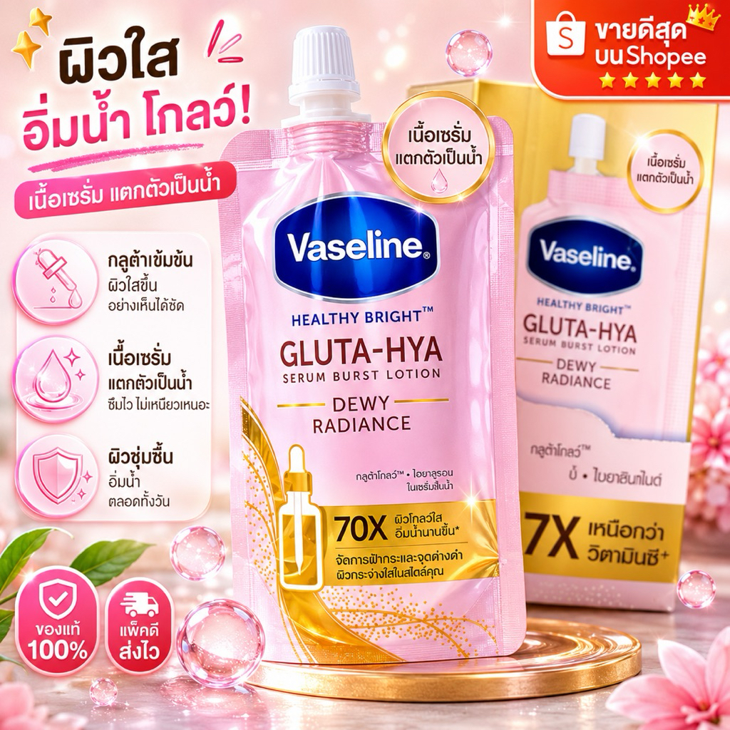 [กล่องจุ4ซอง]วาสลีนโลชั่นกลูต้า-ไฮยา ดิวอี้เรเดียนซ์ทอง 30ml. โฉมใหม่