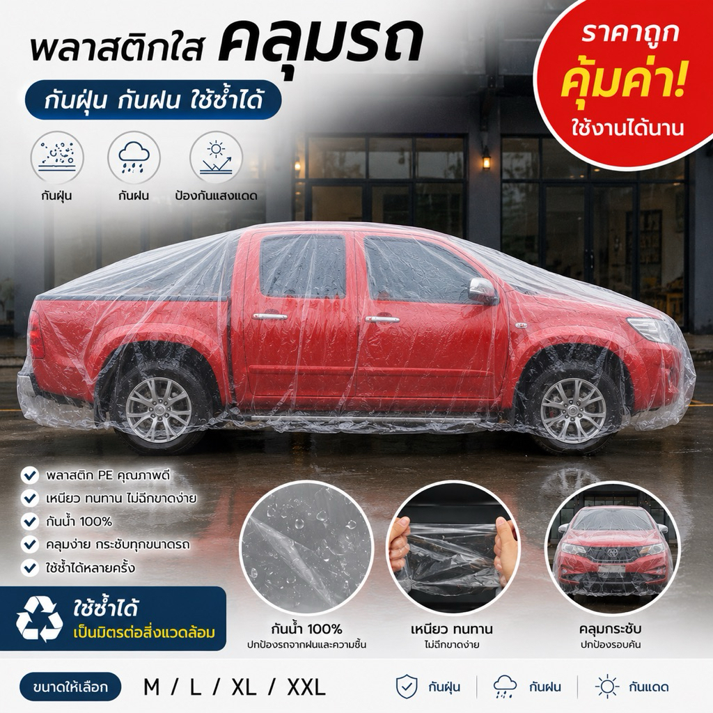 พลาสติกใสคลุมรถ กันฝน กันฝุ่น ใช้ซ้ำได้ รถยนต์ รถกระบะ มอเตอร์ไซค์  มี4ไซส์ 🎀