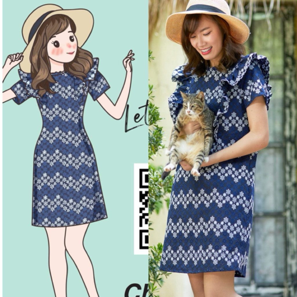 EP Fashion (ส่งต่อ) M เดรสลูกไม้ ปักฉลุ ชุดทำงาน ชุดออกงาน สีทูโทน สีน้ำเงิน