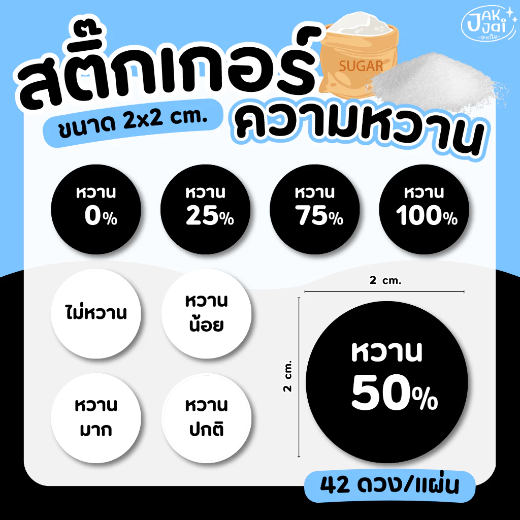 ✅พร้อมส่ง! สติ๊กเกอร์ ระดับความ หวาน ไม่หวาน (42ดวง/แ่ผ่น) ขนาด 2 x 2 cm. (ราคาต่อ 1แผ่น) - jakjai