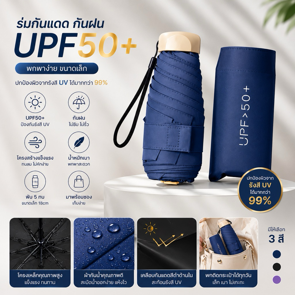 ร่มพับ 5 ตอน UPF50+ ร่มกันแดดกันฝน พับเล็ก 18 ซม. กัน UV 99% ร่มพกพา ร่มมินิ ใส่กระเป๋าง่าย