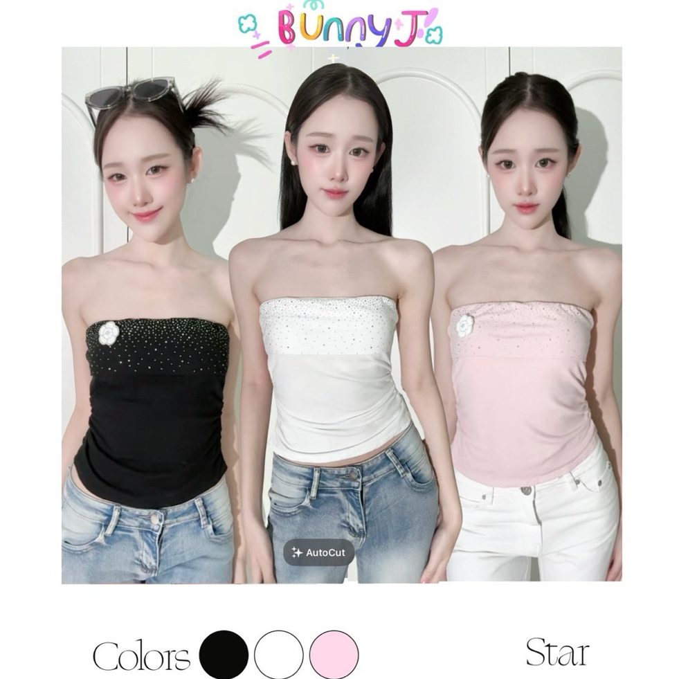 BunnyJ : Star Top เกาะอกกากเพชร✨ ผ้านิ่ม ดีเทลกากเพชร ลุคแกลม เรียบหรู มีฟองน้ำในตัว+แถมเข็มกลัดดอกไม้ พร้อมส่งในไทย🇹🇭