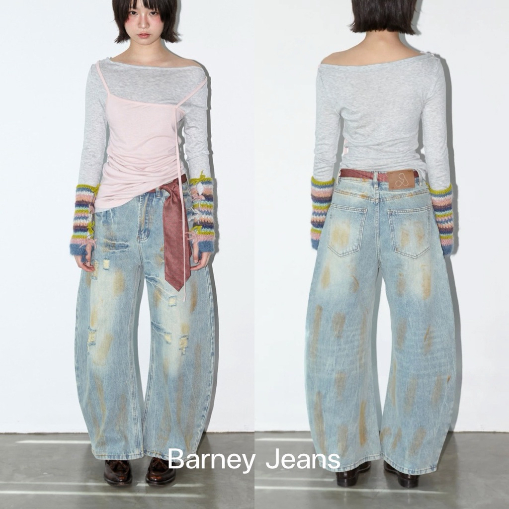 AMUSE BKK - Barney Dirty Jeans กางเกงยีนส์บาเรล ทรงขาโค้ง ดีเทลฟอกสีสไตล์ Dirty Wash แต่งขาดเล็กน้อย