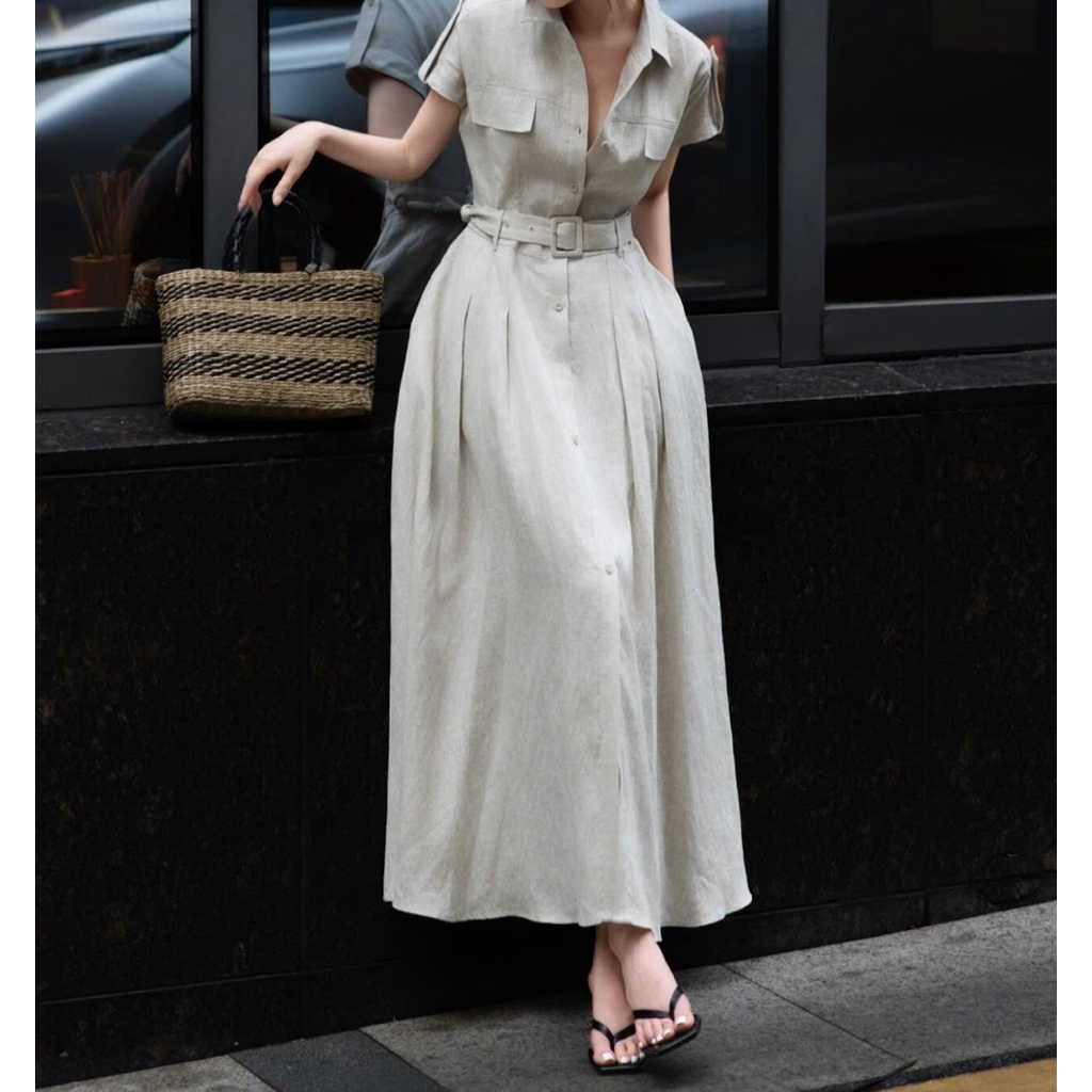 ONLY ME  Midi Dress เดรสสีครีม ผ้าคอตตอน+ลินิน สะโพกปล่อย ผ้านิ่ม