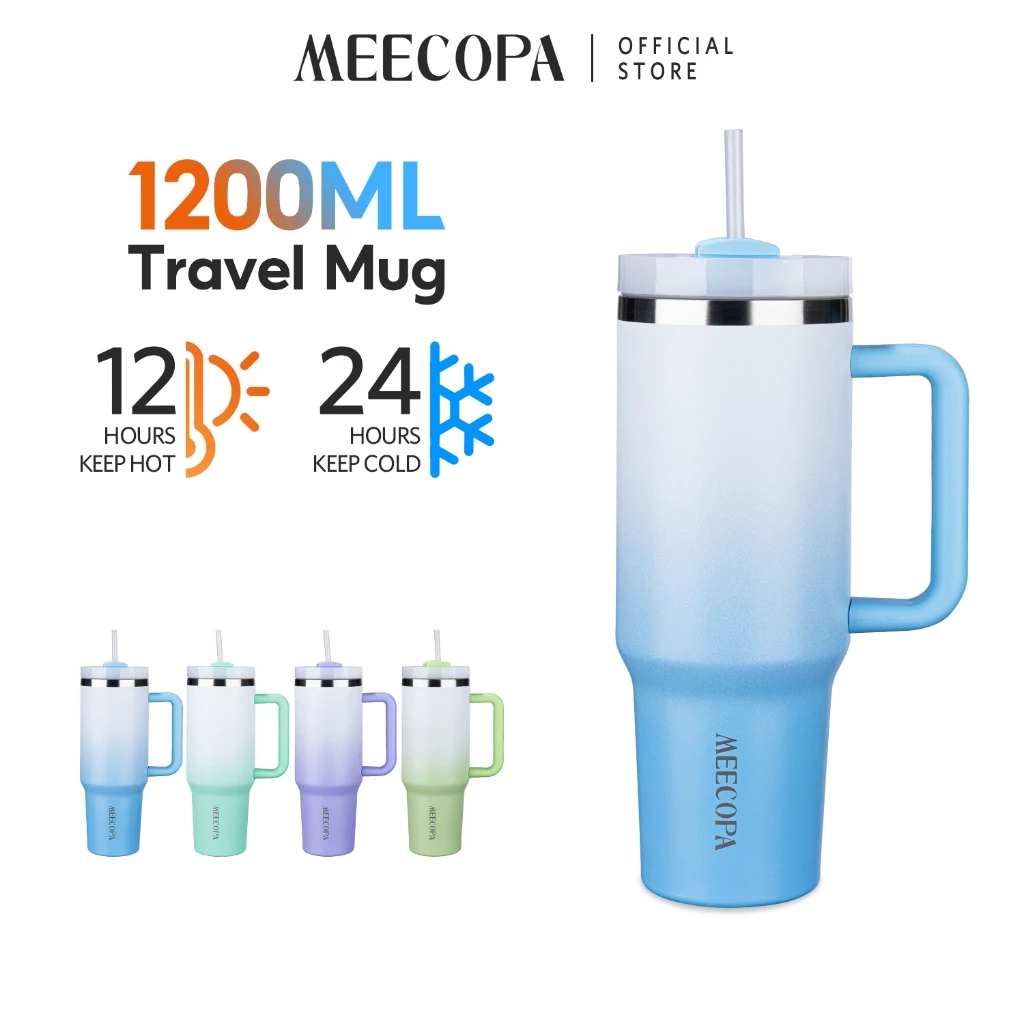 MEECOPA กระบอกน้ำเก็บอุณหภูมิ 1200ml สแตนเลส304 เก็บเย็น12ชม กันรั่ว 2ฝาใช้ได้ ทรงใส่ที่วางแก้วในรถ ใช้กลางแจ้ง/ขับรถ