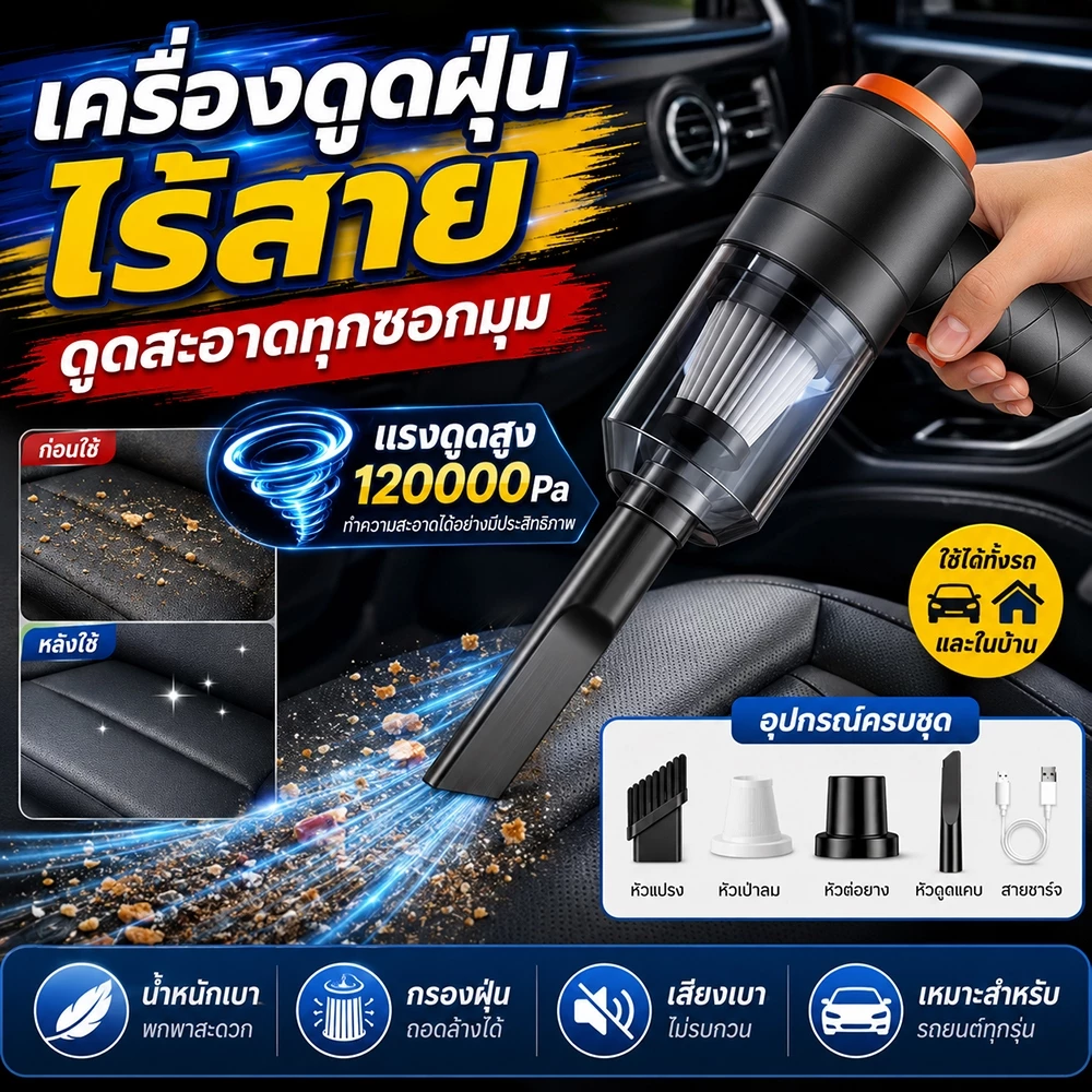 เครื่องดูดฝุ่นพกพาไร้สาย ใช้ได้ทั้งในรถและบ้าน