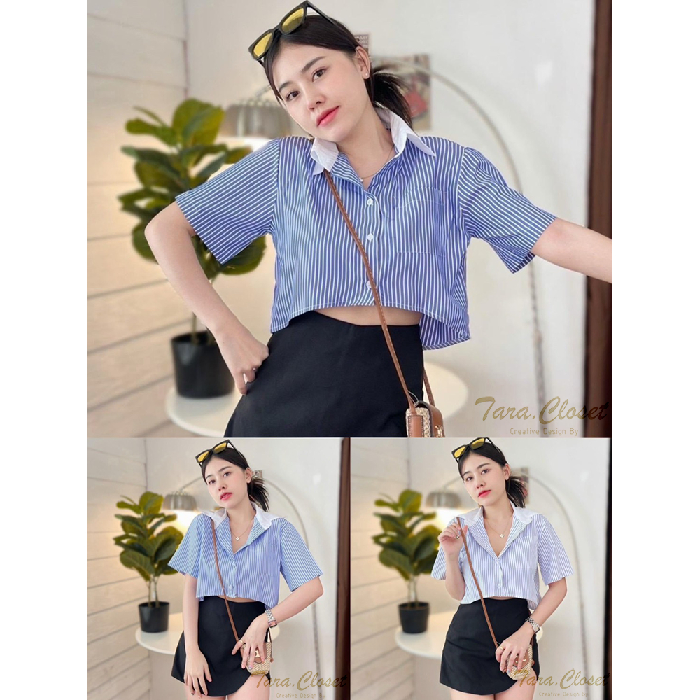 ์NE004 TARA Crop Top เสื้อเชิ้ต ครอป แขนสั้น คอปก ลายทาง กระดุมหน้า แต่งกระเป๋าข้าง เนื้อผ้าคอตตอน ผ้าดี ใส่สบาย ไม่ร้อน