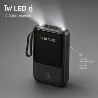 พาวเวอร์แบงก์ 20000mAh แบตอึดความจุสูง ชาร์จเร็ว 20W สายในตัวครบ 4 แบบ หน้าจอดิจิตอล พกพาสะดวก นำขึ้นเครื่องได้