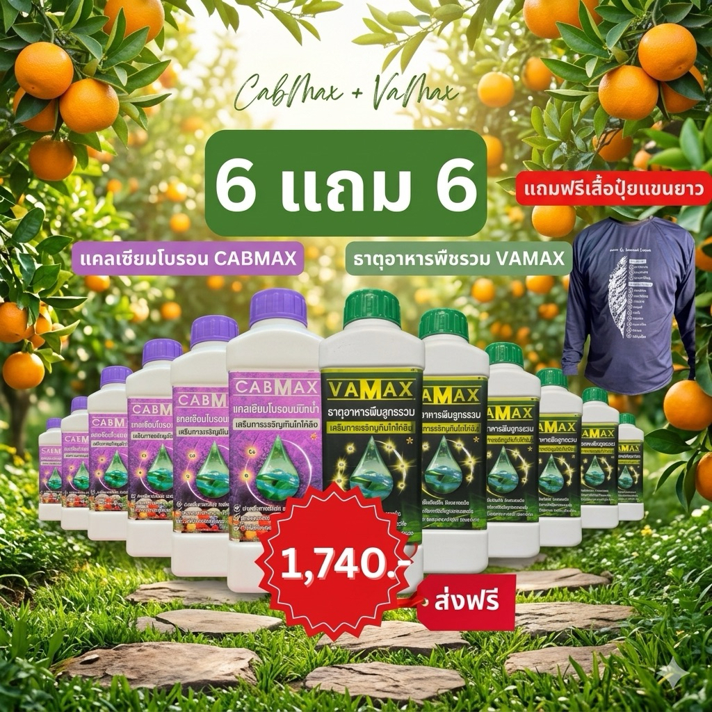 📦ยกลัง [12ขวด] ✅แถมเสื้อปุ๋ย CABMAX+VAMAX แคลเซียมโบรอนเข้มข้ม แถม ปุ๋ยธาตุรวม (V6+C6+เสื้อ)