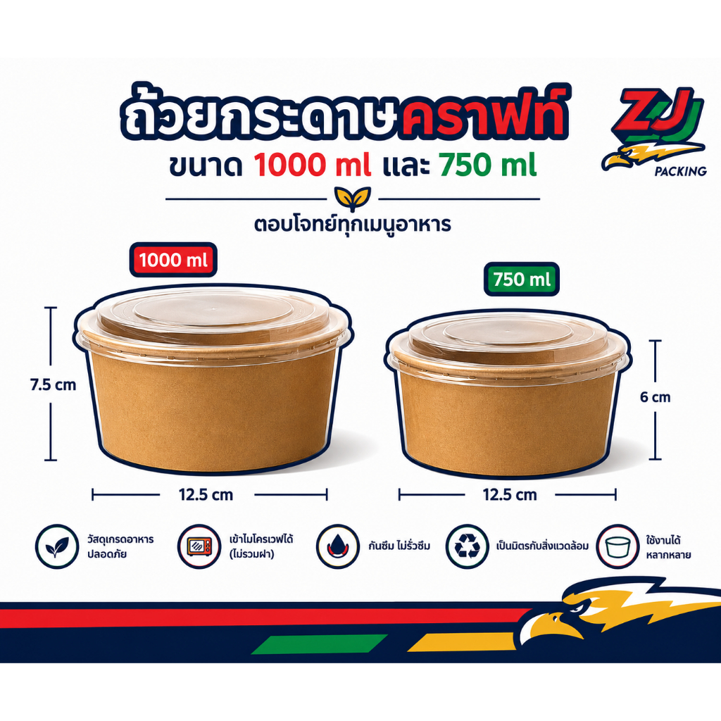(แพ็ค)50ใบ/ถ้วยกระดาษคราฟท์พร้อมฝาปิด ชามกระดาษสำหรับใส่อาหาร