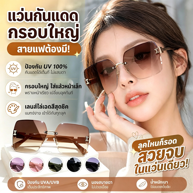 แว่นกันแดดแฟชั่นขนาดใหญ่ เด่นขาวเด่นสง่างาม เลนส์ระดับความเข้มลดแสง-gradient ป้องกันUVกลางแจ้ง สายรุ้ง กันแดดแว่น แว่น