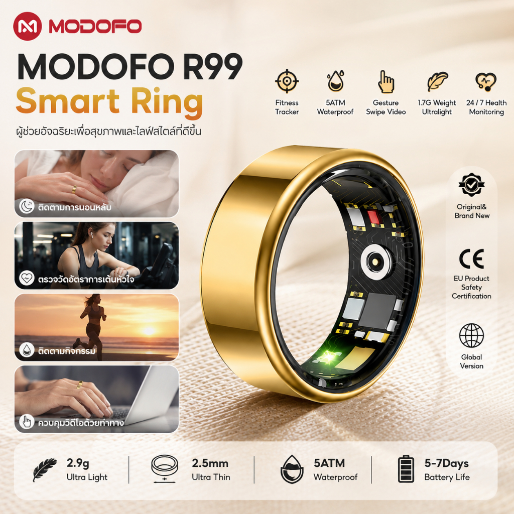 MODOFO R99 แหวนอัจฉริยะ Smart Ring แหวนติดตามสุขภาพ วัดชีพจร และนอนหลับ กันน้ำ IP68 ออกซิเจนในเลือด