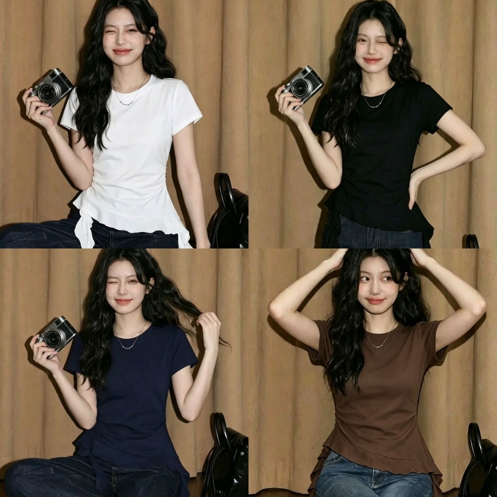 Beryl🌼เสื้อยืดแขนสั้นรุ่นใหม่🌟🌟 ดีไซน์ขอบใบบัวปลายเสื้อไม่สม่ำเสมอ ทรงรัดเอวซ่อนทรงผอม
