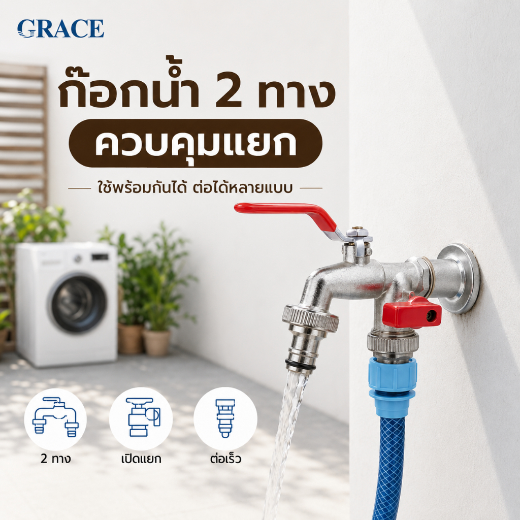 【มอบของขวัญ】GRACE ขายดี ก๊อกน้ำสนาม 3 ทาง วาล์วคู่ (1/2 นิ้ว) แข็งแรง ทนทาน ไม่เป็นสนิม เหมาะสำหรับสวนและบ้าน COD