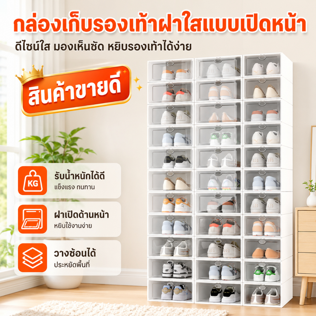 กล่องรองเท้า ตู้รองเท้า กล่องใส่รองเท้า ฝาหน้า กล่องเก็บของ ชั้นรองเท้า วางซ้อนกันได้ถึง ราคาถูกสุดๆ 24 ชั่วโมง