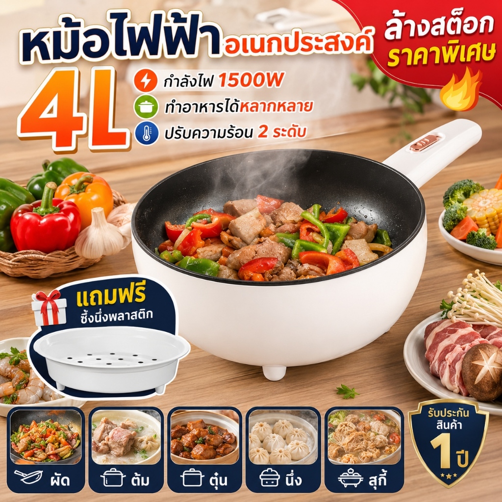 หม้อไฟฟ้า หม้อชาบูไฟฟ้า หม้อสุกี้ไฟฟ้า 4L 1500W กระทะไฟฟ้าอเนกประสงค์ แถมซึ้งนึ่งพลาสติก
