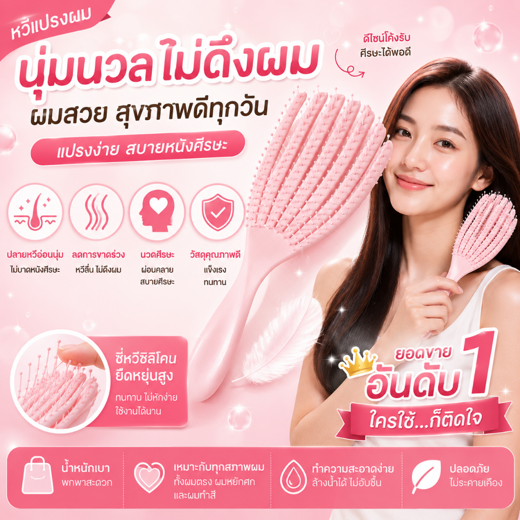 หวีแปรงทรงเปลือกหอยสุดน่ารัก ไซส์น่ารัก ลดผมร่วง