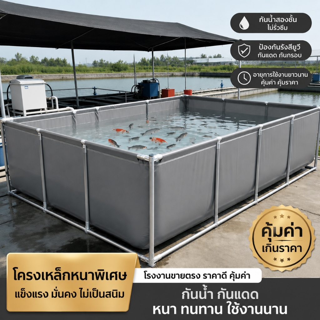 บ่อผ้าใบ  PVC หนาพิเศษ เคลือบ 2 ชั้น หนา 0.42 มม ทนต่อสภาพอากาศ อายุการใช้งานยาวนาน 60/80cm สูง ด้วยเฟรม