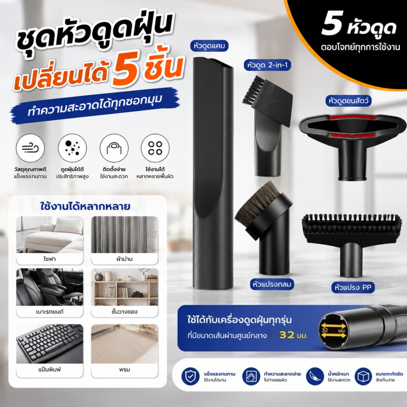 【จัดส่งวันนี้】ชุดห้าชิ้นอเนกประสงค์ สำหรับเครื่องดูดฝุ่น แปรงทำความสะอาด เครื่องดูดฝุ่นแปรงหัวฉีด ชุดหัวเครื่องดูดฝุ่น