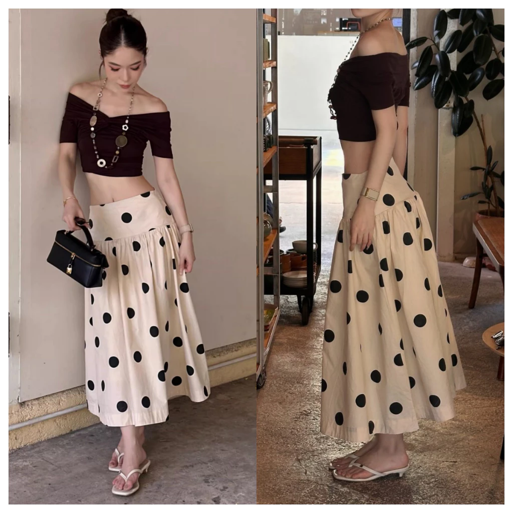 suzllrue7oกระโปรงครึ่งตัวสไตล์เกาหลี ลายจุด เอวสูง ดีไซน์ตัวเอทรงเอ รูปทรงร่มสไตล์ฝรั่งเศสที่ดูสบายๆ