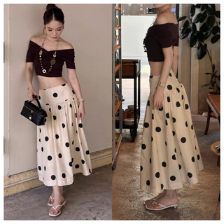 suzllrue7oกระโปรงครึ่งตัวสไตล์เกาหลี ลายจุด เอวสูง ดีไซน์ตัวเอทรงเอ รูปทรงร่มสไตล์ฝรั่งเศสที่ดูสบายๆ