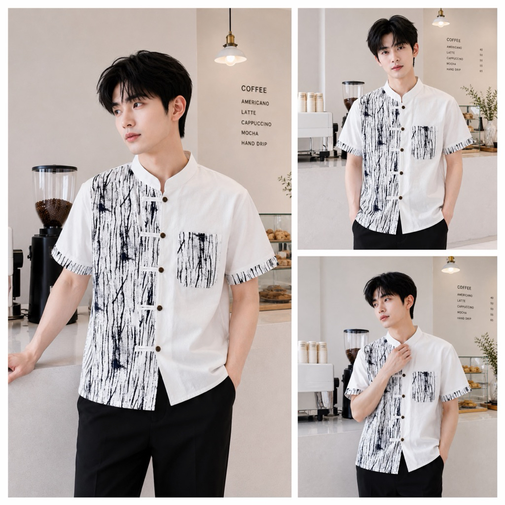 เสื้อผ้าฝ้ายผู้ชาย ทูโทน คอจีน ลายหินอ่อน แต่งกระดุมไม้ ผ้านุ่ม ใส่สบาย ไม่ร้อน