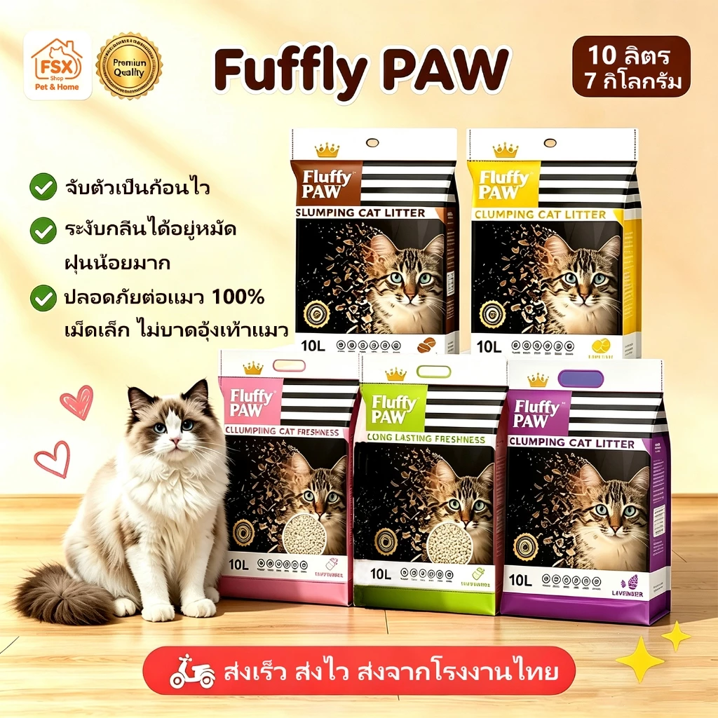 Fluffy PAW ทรายแมว 10L ดับกลิ่นดี ฝุ่นน้อย จับตัวเป็นก้อนเร็ว ทรายแมวภูเขาไฟ สำหรับลูกแมวและแมวโต ทรายแมวเบนโทไนท์