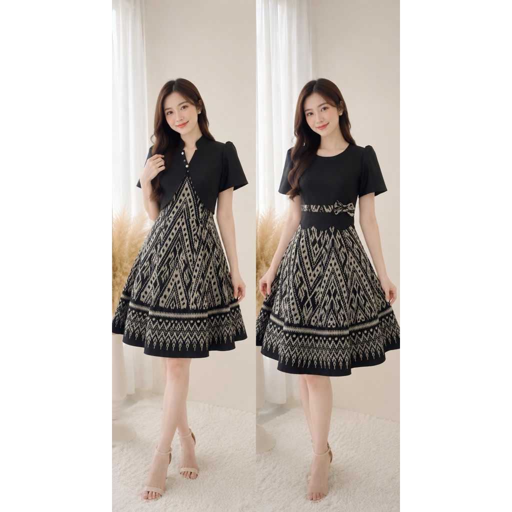 ZD080-082 สุพรรณษาเดรสผ้าไทยสีขาวดำลายลิซ่า กระโปรงบานทรฃย้วยต่อ 8 ชิ้น