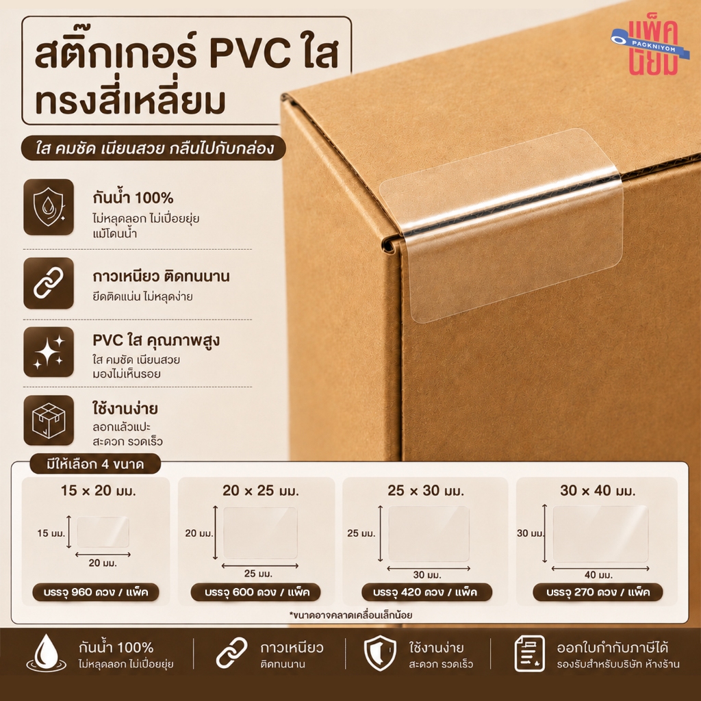สติ๊กเกอร์ใส สี่เหลี่ยม PVC กันน้ำ (ยกแพ็คถูกกว่า) 15แผ่น/แพ็ค
