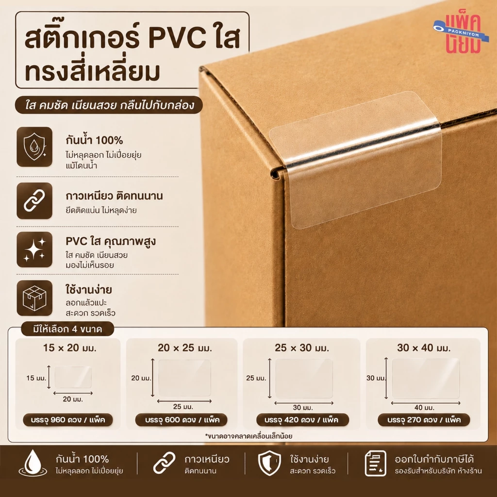 สติ๊กเกอร์ใส สี่เหลี่ยม PVC กันน้ำ (ยกแพ็คถูกกว่า) 15แผ่น/แพ็ค