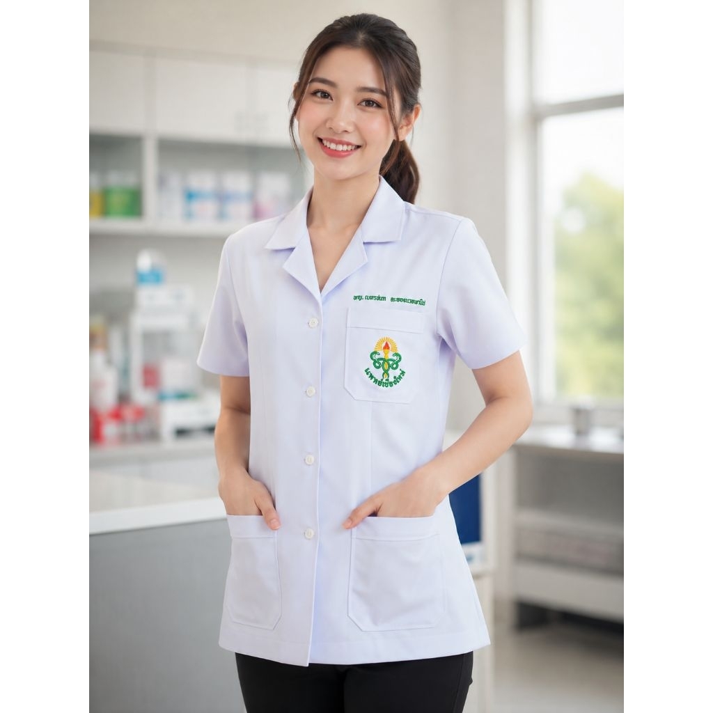เสื้อกาวน์ เสื้อขาว กาวน์สั้น แขนสั้น หญิง สีขาว แพทย์ พร้อมโลโก้
