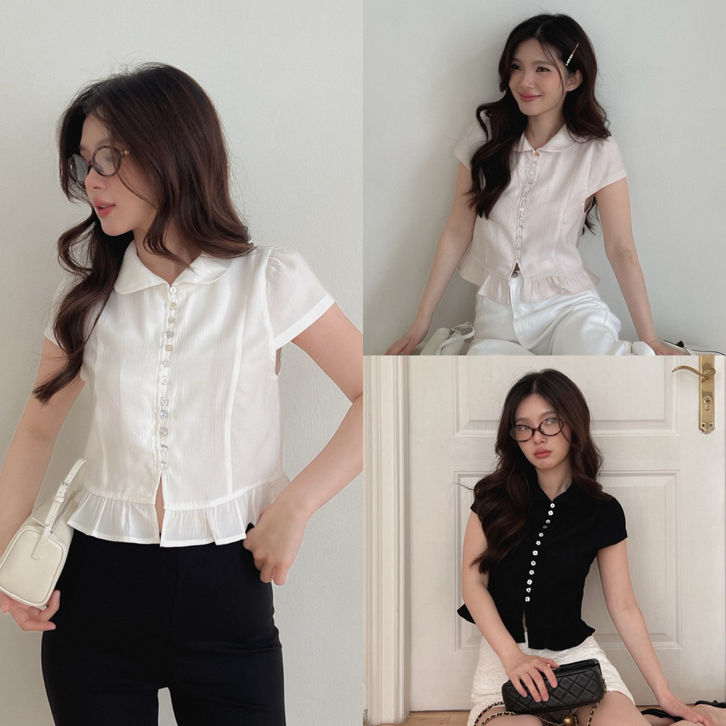 SHOP.POPO-Eva top เสื้อคอปกบัวกระดุมหอยชายระบาย