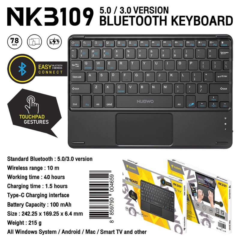 คีย์บอร์ดบางเบา แป้นพิมพ์บลูทูธภาษาไทย มีแบตในตัว Nubwo NKB-109 Bluetooth Keyboard+Touchpad 78Key
