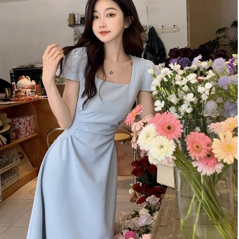 สีฟ้าอ่อน สไตล์เกาหลี คอสี่เหลี่ยม แขนสั้น เดรส รัดรูป เอวสูง เดท ทำงาน กระโปรงยาว ซ่อนพุงสะโพกได้ดี มีไซส์XS-3XL💕