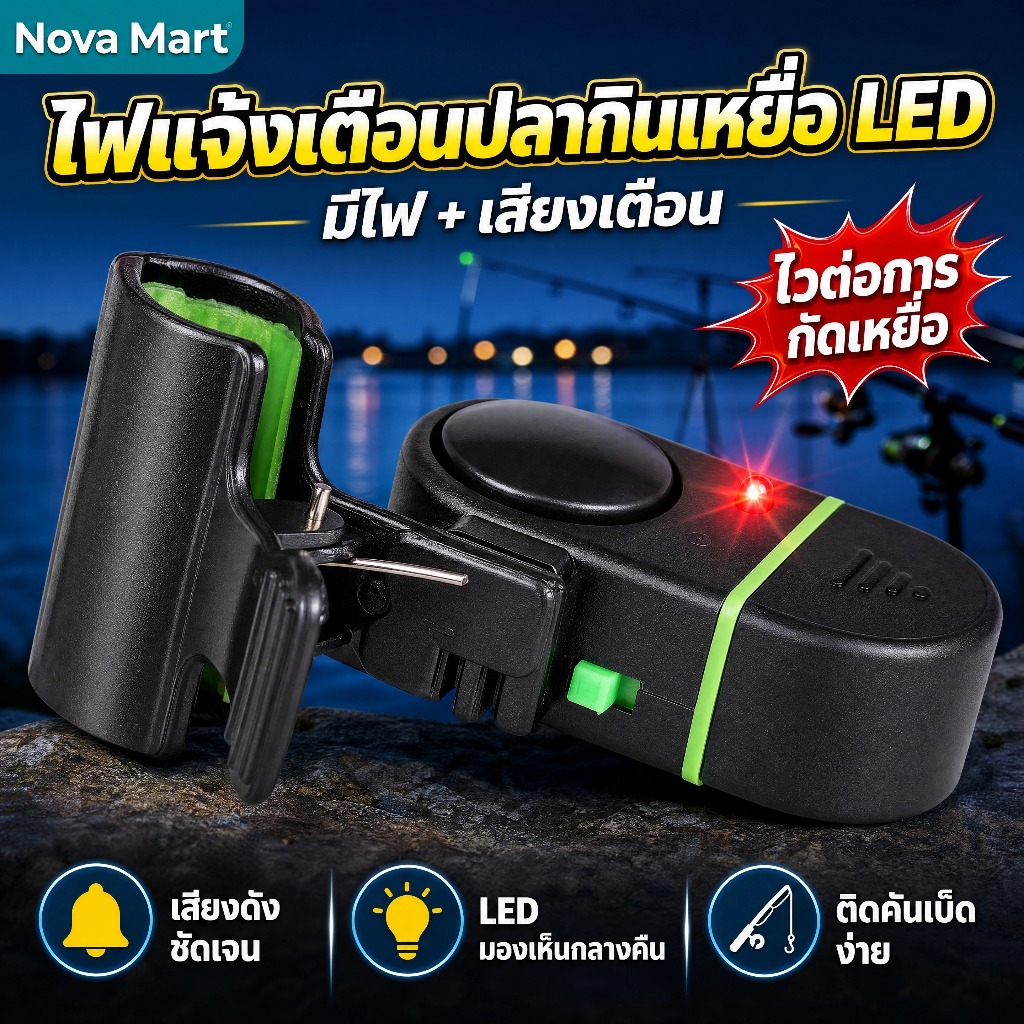 Nova Mart ไฟแจ้งเตือนปลากินเหยื่อแบบหนีบ LED พร้อมเสียงเตือน อุปกรณ์ตกปลา ติดคันเบ็ดใช้งานง่าย
