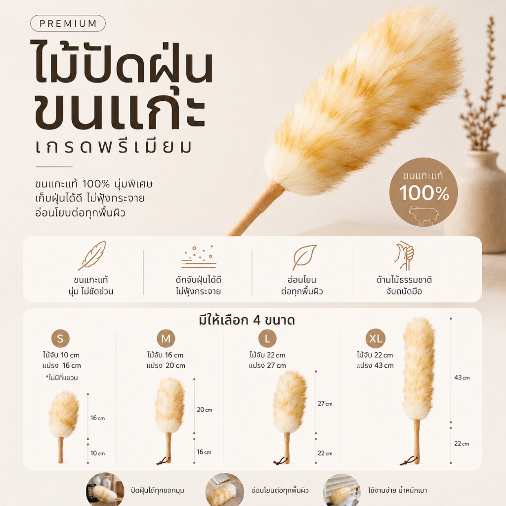 ไม้กระจายฝุ่นละเอียดนุ่มพิเศษด้ามไม้แท้มีสายแขวน [มีให้เลือก 4 ขนาด S / M / L / XL] ไม่เกิดคราบฝุ่นละอองสะอาดหมดจด