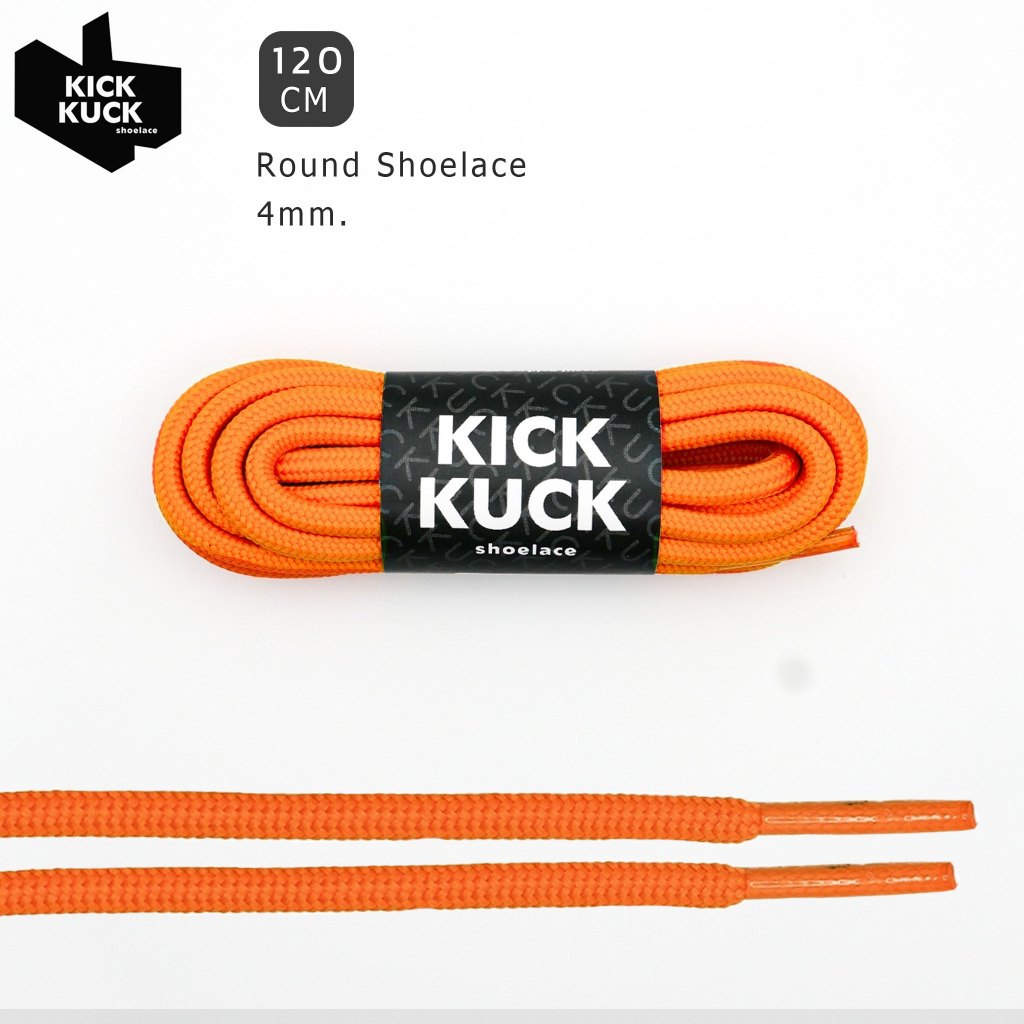 (แน่นละเอียด ไม่ย้วย) เชือกรองเท้าสีส้ม (Orange) (Kickkuck) ทรงกลม สำหรับรองเท้ากีฬาและลำลอง กว้าง 3mm., ยาว 120 cm.