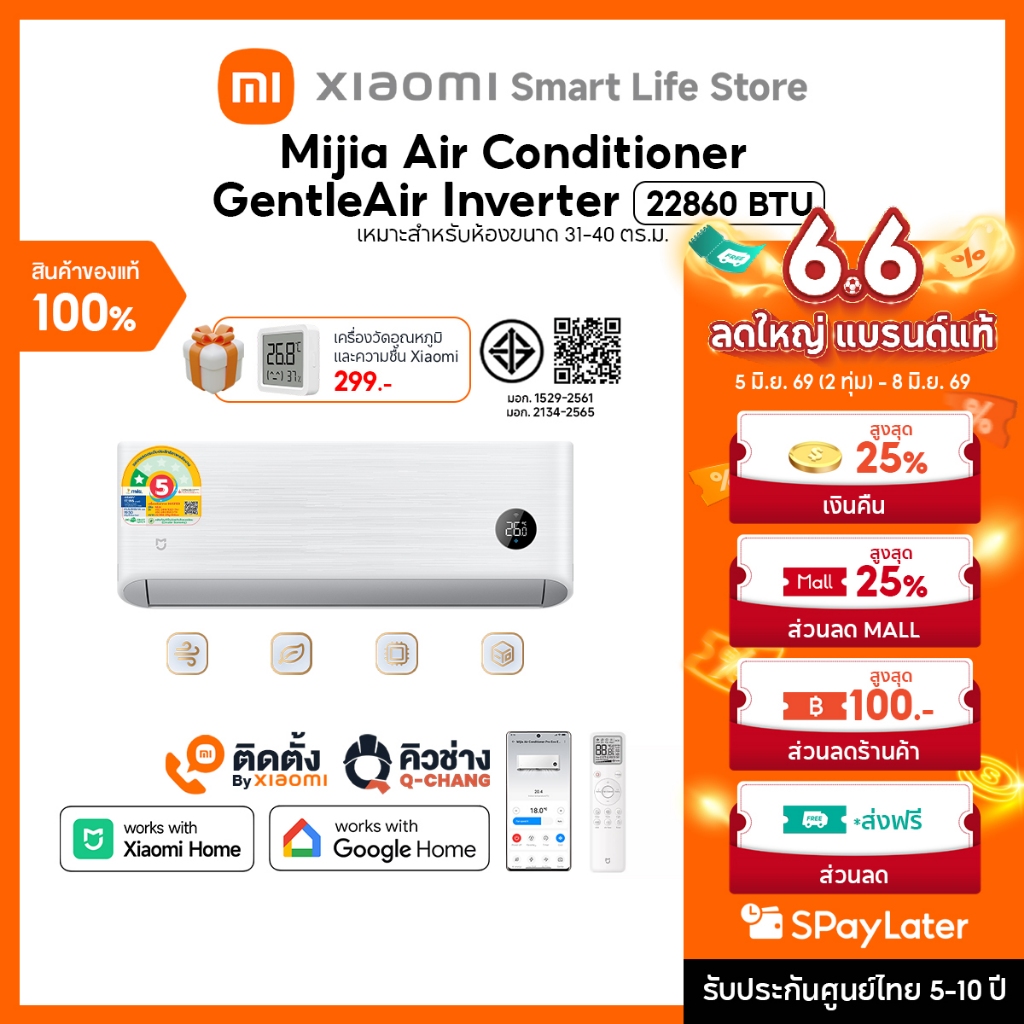 Xiaomi Mijia แอร์ Air Conditioner GentleAir EGAT ขนาด 22860 BTU ประหยัดไฟเบอร์ 5 ระดับ 1 ดาว โหมด AI